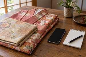 着物と帯の横にスマートフォンとメモ帳