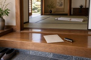 玄関に置かれた書類の封筒と、奥の和室の着物