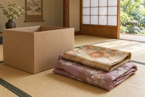 段ボール箱の横に畳んだ着物と帯